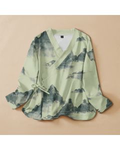 Buddha Stones Cotton Ink Landscape Pagoda Print Hanfu Style Wrap V-Neck Lace-up Women's Long Sleeve Shirts Kimono - PaleGreen / US4，UK/AU8，EU36 (S)