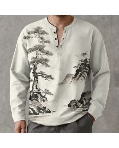 Buddha Stones Cotton Ink Landscape Pine Tree Mountains Pattern V-Neck Buttons Men's Long Sleeve Shirts - Beige / US/UK/AU38，EU48 (M)