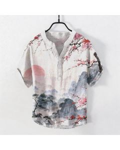 Buddha Stones Cotton Ink Landscape Plum Blossom Pattern Men's Short Sleeve Half Button Shirt - Wheat / US/UK/AU50，EU60 (5XL)
