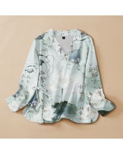 Buddha Stones Cotton Ink Lotus Calligraphy Print Hanfu Style Wrap V-Neck Lace-up Women's Long Sleeve Shirts Kimono - AliceBlue / US4,UK/AU8,EU36 (S)