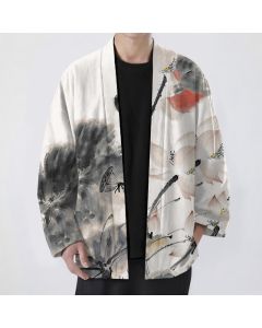 Buddha Stones Cotton Ink Lotus Pattern Open Front Men's Kimono - Black / US/UK/AU38，EU48 (M)