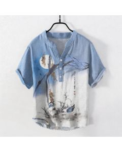 Buddha Stones Cotton Ink Moon Bird Pattern Men's Short Sleeve Half Button Shirt - LightBlue / US/UK/AU50，EU60 (5XL)