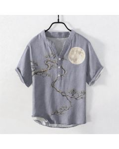 Buddha Stones Cotton Ink Moon Pine Pattern Men's Short Sleeve Half Button Shirt - LightSteelBlue / US/UK/AU38，EU48 (M)