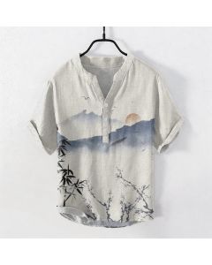 Buddha Stones Cotton Ink Mountain Sun Pattern Men's Short Sleeve Half Button Shirt - Beige / US/UK/AU38，EU48 (M)