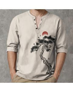 Buddha Stones Cotton Ink Pine Red Sun Birds Pattern V-Neck Buttons Men's Long Sleeve Shirts - LightBlue / US/UK/AU48，EU58 (4XL)