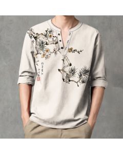 Buddha Stones Cotton Ink Pine Yellow Flowers Pattern V-Neck Buttons Men's Long Sleeve Shirts - Linen / US/UK/AU38，EU48 (M)