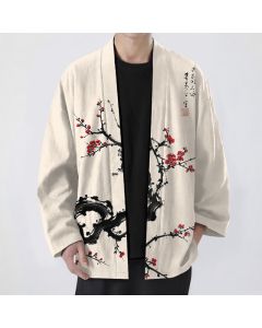 Buddha Stones Cotton Ink Plum Blossom Pattern Open Front Men's Kimono - Beige / US/UK/AU38，EU48 (M)