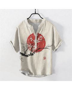 Buddha Stones Cotton Ink Plum Blossom Sun Pattern Men's Short Sleeve Half Button Shirt - Linen / US/UK/AU38，EU48 (M)