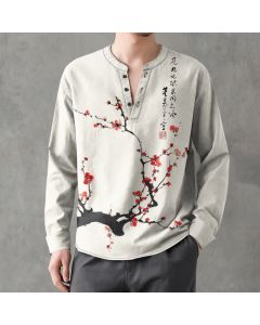Buddha Stones Cotton Ink Red Plum Blossom Pattern V-Neck Buttons Men's Long Sleeve Shirts - Linen / US/UK/AU38，EU48 (M)