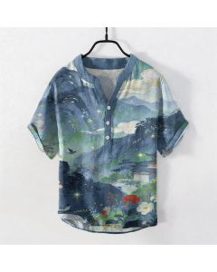 Buddha Stones Cotton Ink Wash Landscape Pattern Men's Short Sleeve Half Button Shirt - CadetBlue / US/UK/AU38，EU48 (M)