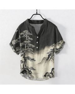 Buddha Stones Cotton Ink Wash Landscape Pattern Men's Short Sleeve Half Button Shirt - SaddleBrown / US/UK/AU50，EU60 (5XL)