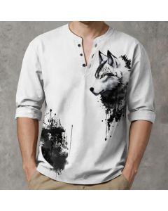 Buddha Stones Cotton Ink Wolf Head Pattern V-Neck Buttons Men's Long Sleeve Shirts - WhiteSmoke / US/UK/AU40，EU50 (L)
