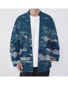 Buddha Stones Cotton Japanese Landscape Waves Pattern Open Front Men's Kimono - Teal / US/UK/AU38，EU48 (M)