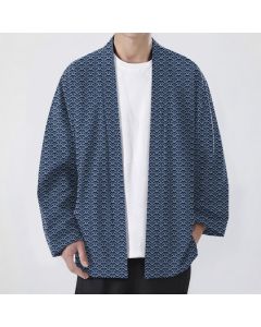 Buddha Stones Cotton Japanese Ocean Wave Pattern Open Front Men's Kimono - Navy / US/UK/AU38，EU48 (M)