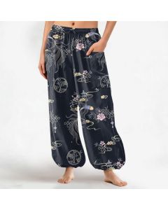 Buddha Stones Cotton Koi Fish Bamboo Cloud Pattern Women's Elastic Waist Harem Pants With Side Pockets - Black / US2，UK/AU6，EU34 (XS)