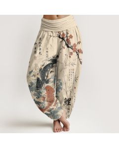 Buddha Stones Cotton Koi Fish Calligraphy Pattern Women's Elastic Waist Harem Pants - Beige / US2，UK/AU6，EU34 (XS)