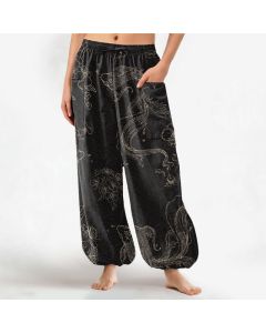 Buddha Stones Cotton Koi Fish Floral Pattern Women's Elastic Waist Harem Pants With Side Pockets - Black / US2，UK/AU6，EU34 (XS)