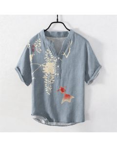 Buddha Stones Cotton Koi Fish Floral Vine Pattern Men's Short Sleeve Half Button Shirt - MediumAquamarine / US/UK/AU48，EU58 (4XL)