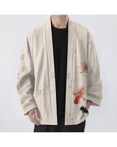 Buddha Stones Cotton Koi Fish Flowing Waves Pattern Open Front Men's Kimono - PowderBlue / US/UK/AU38，EU48 (M)