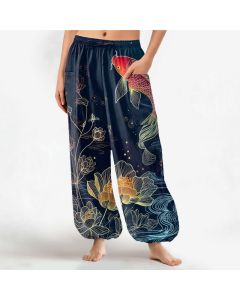 Buddha Stones Cotton Koi Fish Lotus Flowers Pattern Women's Elastic Waist Harem Pants With Side Pockets - DarkGreen / US12，UK/AU16，EU44 (XL)