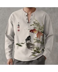 Buddha Stones Cotton Koi Fish Lotus Leaf Grass Ink Pattern V-Neck Buttons Men's Long Sleeve Shirts - Linen / US/UK/AU38，EU48 (M)