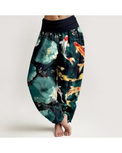 Buddha Stones Cotton Koi Fish Lotus Leaves Pattern Women's Elastic Waist Harem Pants - Teal / US2，UK/AU6，EU34 (XS)