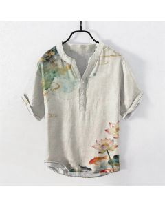 Buddha Stones Cotton Koi Fish Lotus Pattern Men's Short Sleeve Half Button Shirt - Linen / US/UK/AU38，EU48 (M)