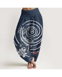 Buddha Stones Cotton Koi Fish Lotus Pattern Women's Elastic Waist Harem Pants - Navy / US2，UK/AU6，EU34 (XS)