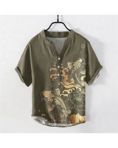 Buddha Stones Cotton Koi Fish Peony Pattern Men's Short Sleeve Half Button Shirt - DarkKhaki / US/UK/AU38，EU48 (M)
