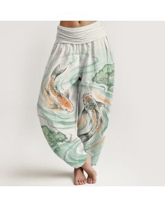 Buddha Stones Cotton Koi Fish Rock Wave Pattern Women's Elastic Waist Harem Pants - Honeydew / US2，UK/AU6，EU34 (XS)