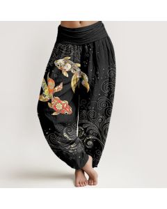 Buddha Stones Cotton Koi Fish Swirl Pattern Women's Elastic Waist Harem Pants - Black / US2，UK/AU6，EU34 (XS)