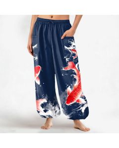 Buddha Stones Cotton Koi Fish Water Pattern Women's Elastic Waist Harem Pants With Side Pockets - Navy / US2，UK/AU6，EU34 (XS)
