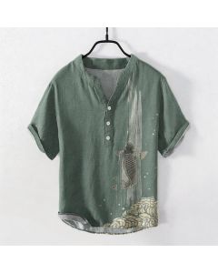 Buddha Stones Cotton Koi Fish Water Ripple Pattern Men's Short Sleeve Half Button Shirt - DarkSeaGreen / US/UK/AU38，EU48 (M)