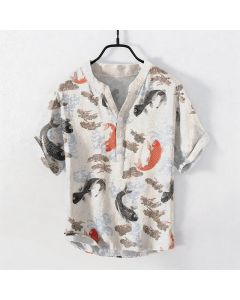 Buddha Stones Cotton Koi Fish Water Wave Pattern Men's Short Sleeve Half Button Shirt - LavenderBlush / US/UK/AU50，EU60 (5XL)