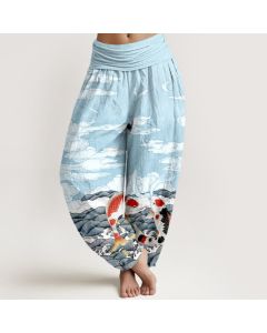 Buddha Stones Cotton Koi Fish Wave Cloud Pattern Women's Elastic Waist Harem Pants - Aquamarine / US2，UK/AU6，EU34 (XS)