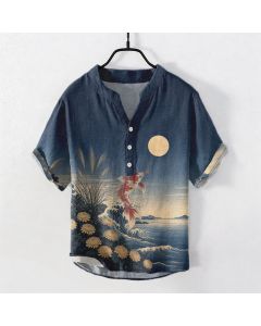 Buddha Stones Cotton Koi Fish Wave Moon Pattern Men's Short Sleeve Half Button Shirt - Navy / US/UK/AU38，EU48 (M)