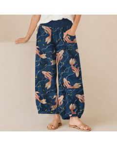 Buddha Stones Cotton Koi Fish Wave Pattern Pleated Elastic Waist Women's Harem Pants With Pockets - Navy / US2，UK/AU6，EU34 (XS)