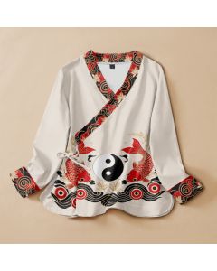 Buddha Stones Cotton Koi Fish Yin Yang Lotus Print Hanfu Style Wrap V-Neck Lace-up Women's Long Sleeve Shirts Kimono - Ivory / US4，UK/AU8，EU36 (S)
