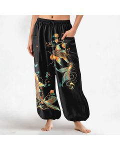 Buddha Stones Cotton Koi Floral Oriental Pattern Women's Elastic Waist Harem Pants With Side Pockets - Black / US2，UK/AU6，EU34 (XS)