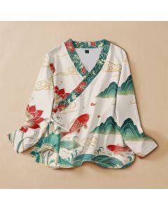 Buddha Stones Cotton Koi Lotus Cloud Pattern Wrap V-Neck Lace-up Women's Long Sleeve Shirts Kimono - Ivory / US4，UK/AU8，EU36 (S)