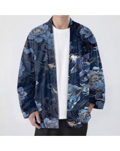 Buddha Stones Cotton Koi Lotus Flowing Waves Pattern Open Front Men's Kimono - DarkGreen / US/UK/AU42，EU52 (XL)