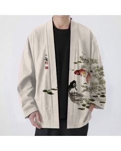 Buddha Stones Cotton Koi Lotus Ink Wash Pattern Open Front Men's Kimono - Beige / US/UK/AU44，EU54 (2XL)