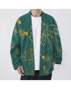 Buddha Stones Cotton Koi Lotus Pattern Open Front Men's Kimono - MediumSeaGreen / US/UK/AU38，EU48 (M)