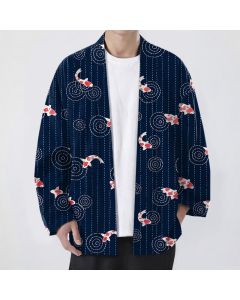 Buddha Stones Cotton Koi Ripple Pattern Open Front Men's Kimono - Navy / US/UK/AU38，EU48 (M)