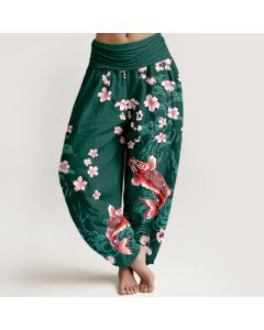 Buddha Stones Cotton Koi Sakura Pattern Women's Elastic Waist Harem Pants - DarkGreen / US2,UK/AU6,EU34 (XS)