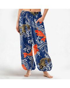 Buddha Stones Cotton Koi Wave Pattern Women's Elastic Waist Harem Pants With Side Pockets - Navy / US2，UK/AU6，EU34 (XS)
