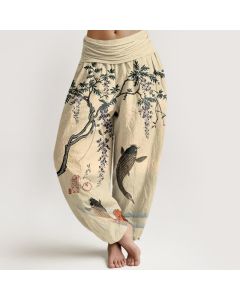 Buddha Stones Cotton Koi Wisteria Pattern Women's Elastic Waist Harem Pants - LemonChiffon / US2，UK/AU6，EU34 (XS)
