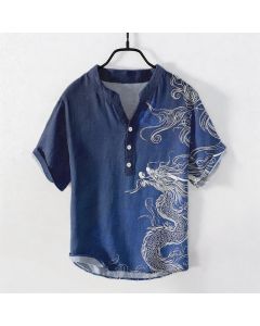 Buddha Stones Cotton Large White Dragon Pattern Men's Short Sleeve Half Button Shirt - Black / US/UK/AU50，EU60 (5XL)
