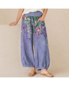 Buddha Stones Cotton Lavender Floral Hummingbird Garden Pattern Pleated Elastic Waist Women's Harem Pants With Pockets - Turquoise / US8-10，UK/AU12-14，EU40-42 (L)