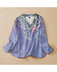 Buddha Stones Cotton Lavender Floral Hummingbird Print Hanfu Style Wrap V-Neck Lace-up Women's Long Sleeve Shirts Kimono - Turquoise / US4，UK/AU8，EU36 (S)